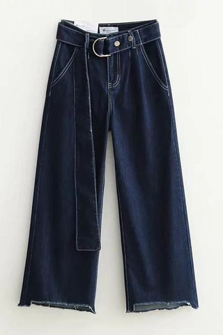 Sonicelife Woman jeans  Belt Frayed Hem Irregular Jeans