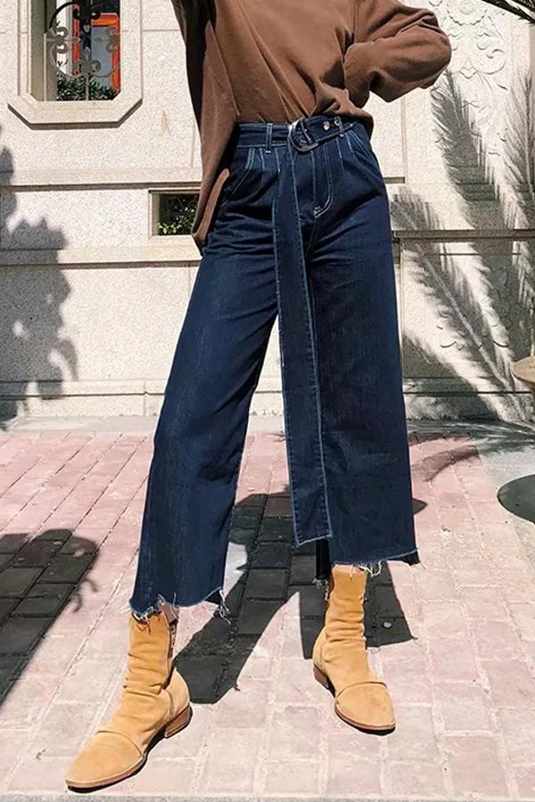 Sonicelife Woman jeans  Belt Frayed Hem Irregular Jeans