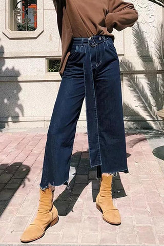 Sonicelife Woman jeans  Belt Frayed Hem Irregular Jeans