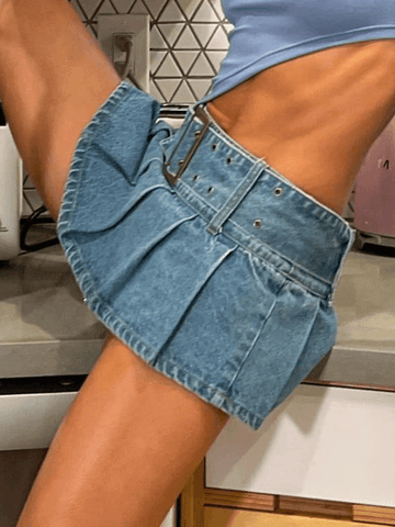 Sonicelife 2024 New Fashion Woman Bottom Elegant Buckle Belt Denim Pleated Mini Skirt