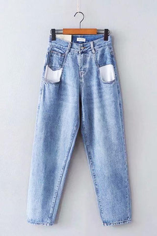 Sonicelife Woman jeans  Color Block Pocket Loose Jeans