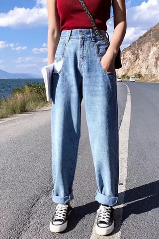 Sonicelife Woman jeans  Color Block Pocket Loose Jeans
