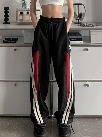 Sonicelife 2024 New Fashion Woman Bottom Elegant Contrast Paneled Black Baggy Sweatpants
