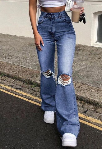 Sonicelife 2024 New Fashion Woman Bottom Elegant Distressed High Waist Ripped Jeans