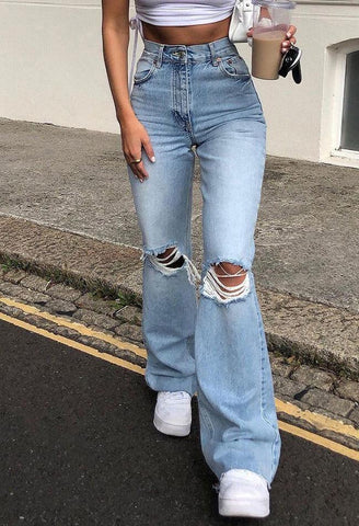 Sonicelife 2024 New Fashion Woman Bottom Elegant Distressed High Waist Ripped Jeans