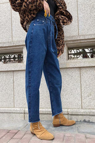 Sonicelife Woman jeans  Drawstring High-waisted Straight Jeans