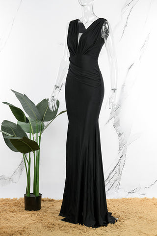 Sonicelife - Black Sexy Formal Solid Patchwork V Neck Evening Dress Dresses