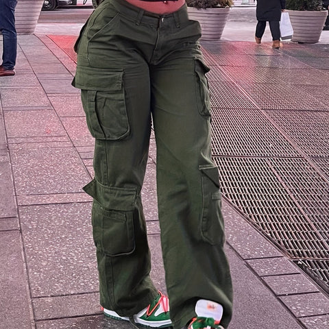 Sonicelife - Women's Vintage Cargo Pants - High Waist Baggy Jeans With Pockets And Wide Legs For Casual Streetwear And Y2K Style