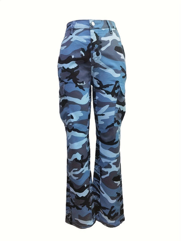 Sonicelife - High Waist Straight Camouflage Cargo Jeans, Camo Print Medium Stretch Side Flap Pocket High Rise Denim Pants, Women's Denim Jeans & Clothing