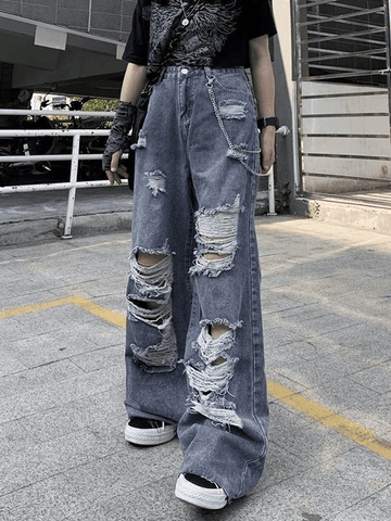 Sonicelife 2024 New Fashion Woman Bottom Elegant Frayed Detail High Waist Ripped Jeans