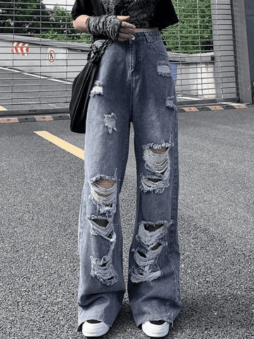 Sonicelife 2024 New Fashion Woman Bottom Elegant Frayed Detail High Waist Ripped Jeans