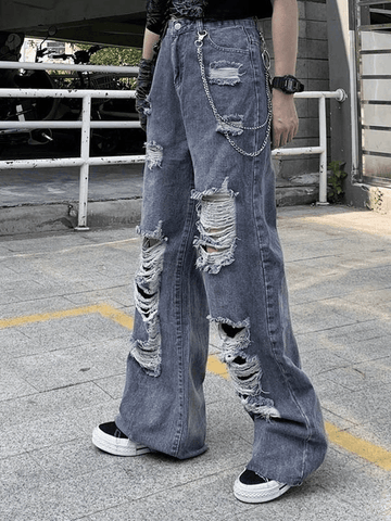 Sonicelife 2024 New Fashion Woman Bottom Elegant Frayed Detail High Waist Ripped Jeans