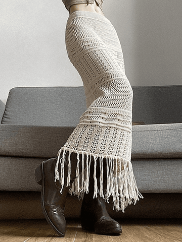 Sonicelife 2024 New Fashion Woman Bottom Elegant Fringed Crochet Hollow Knit Long Skirt