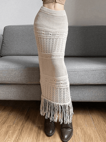 Sonicelife 2024 New Fashion Woman Bottom Elegant Fringed Crochet Hollow Knit Long Skirt