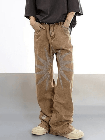 Sonicelife 2024 New Fashion Woman Bottom Elegant Men's Vintage Wash Embroidered Ankle Flare Jeans