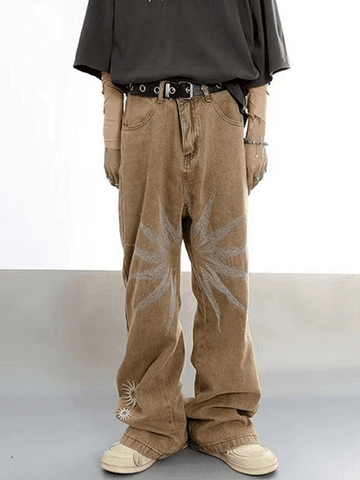 Sonicelife 2024 New Fashion Woman Bottom Elegant Men's Vintage Wash Embroidered Ankle Flare Jeans