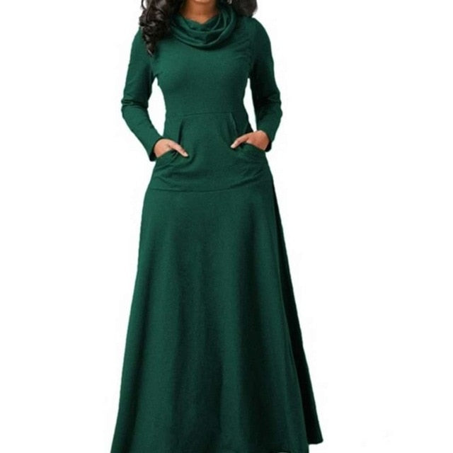 Sonicelife Women Warm Dress With Pocket Casual Solid Vintage Autumn Winter Maxi Dress Robe Bow Neck Long Elegant Dress