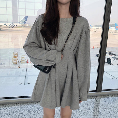 Sonicelife Korean Style Grey Waist Fold Dress