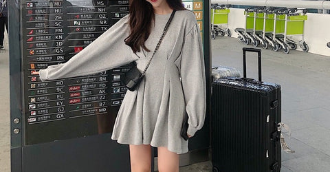 Sonicelife Korean Style Grey Waist Fold Dress