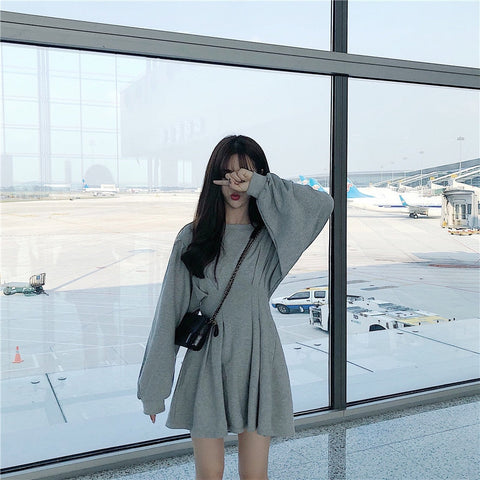 Sonicelife Korean Style Grey Waist Fold Dress
