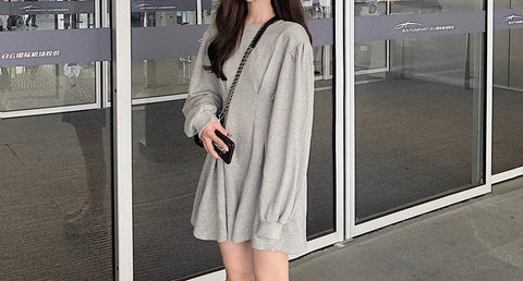 Sonicelife Korean Style Grey Waist Fold Dress