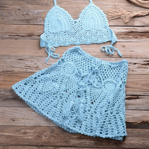 Sonicelife 2024 New  New crochet 2PCS/SET beach cover up sexy women bra top+mini A line skirts bikini swimsuit bathing suit cover ups dress