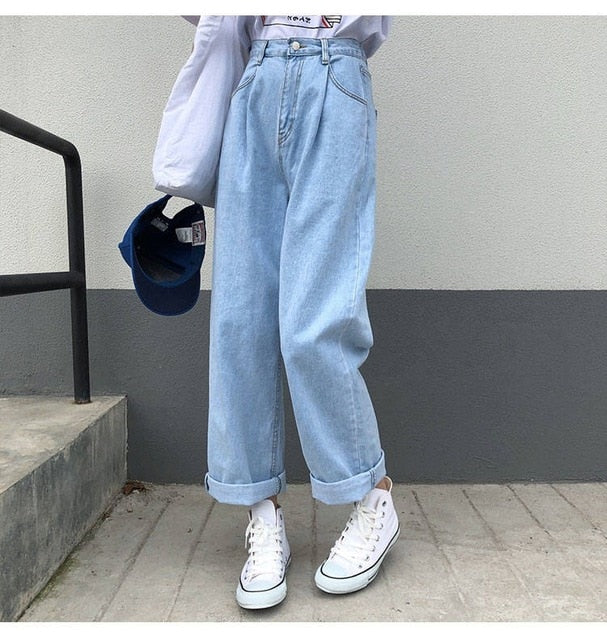 Sonicelife Jeans Women Solid Vintage High Waist Wide Leg Denim Trousers Simple Students All-match Loose Fashion Harajuku Womens Chic Casual