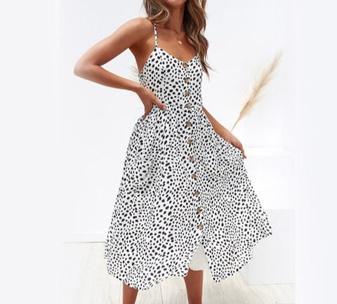 Sonicelife 2024 New  Summer Midi Dress Women's Sexy Sling Backless Sleeveless Button Striped Dot Print Solid Beach Dress With Pockets Female Sundress