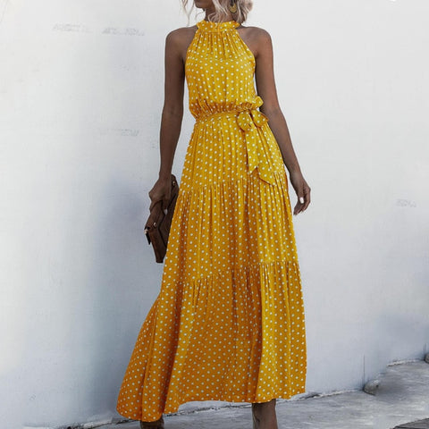 Sonicelife 2023 Summer Long Dress Polka Dot Casual Midi Dresses Black Halter Strapless Yellow Sundress Vacation Dress Clothes For Women
