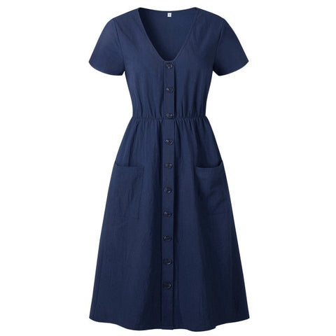 Cotton Linen Women Summer Dress 2023 Casual V-neck Button Pocket Short Sleeve A-line Midi Dresses For Women Vestidos