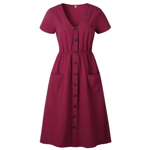 Cotton Linen Women Summer Dress 2023 Casual V-neck Button Pocket Short Sleeve A-line Midi Dresses For Women Vestidos