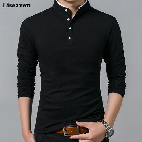 Sonicelife Liseaven T-Shirt Men Cotton T Shirt Full Sleeve tshirt Men Solid Color T-shirts tops&tees Mandarin Collar Long Shirt