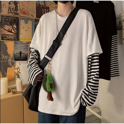 Sonicelife Long Sleeve Fake Two-piece T Shirt Striped Big Shirts Men Clothing Men Fashion 2023 New Oversized Tees Clothes Tshirt