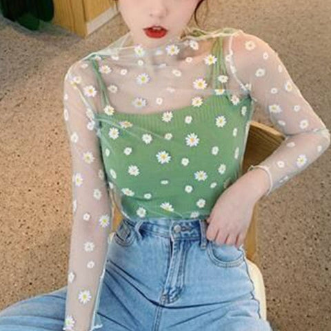 2023 New Arrival Summer Daisy Flower Print Mesh T Shirt Women Korean Long Sleeve Fishnet T Shirt Tops Fashion Sunscreen Tee