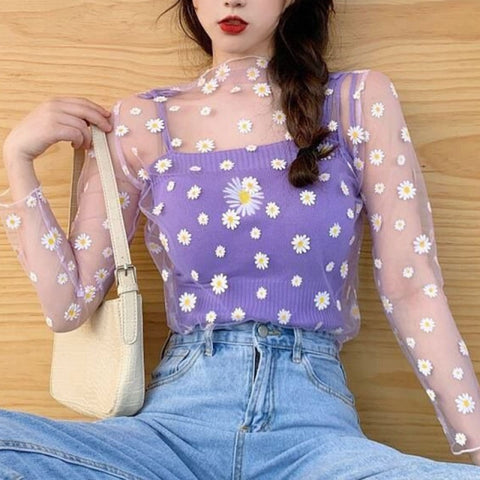 2023 New Arrival Summer Daisy Flower Print Mesh T Shirt Women Korean Long Sleeve Fishnet T Shirt Tops Fashion Sunscreen Tee