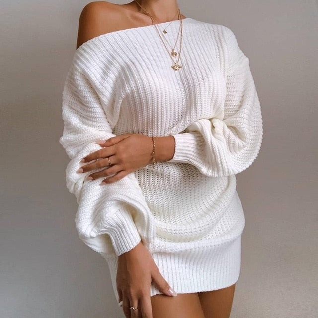 The hottest ladies casual off-shoulder lantern sleeve knitted sweater dress