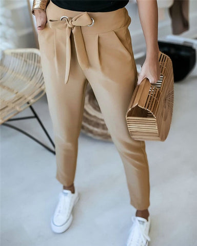 Sonicelife England Style Women Summer Solid Color Pencil Pants Bandage Design Pockets Decor High Waist Slim Hips Trousers for Streetwear
