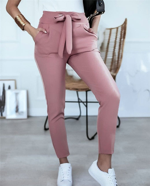 Sonicelife England Style Women Summer Solid Color Pencil Pants Bandage Design Pockets Decor High Waist Slim Hips Trousers for Streetwear