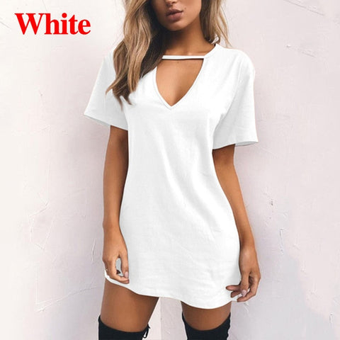 Women Tshirt Dress Choker V-neck Summer Dresses Mini T-Shirt Dress Short Sleeve Ladies Casual  Clothing