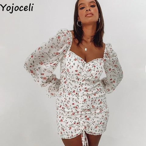 Yojoceli  floral print shirred dress women square neck long sleeve slim mini dress chiffon dress