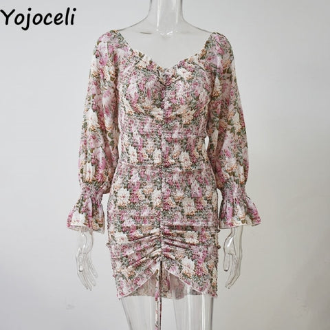 Yojoceli  floral print shirred dress women square neck long sleeve slim mini dress chiffon dress