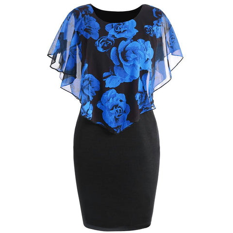 Plus Size Womens Dress Elegant Office Lady Rose Flower Print Cape Bodycon Knee Length Dress