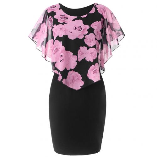 Sonicelife Plus Size Womens Dress Elegant Office Lady Rose Flower Print Cape Bodycon Knee Length Dress