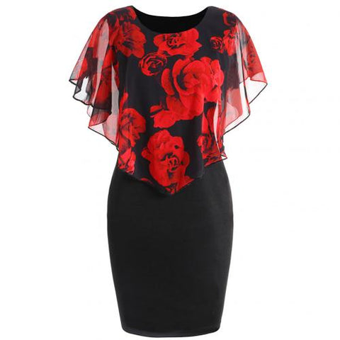 Sonicelife Plus Size Womens Dress Elegant Office Lady Rose Flower Print Cape Bodycon Knee Length Dress