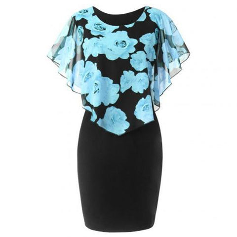 Plus Size Womens Dress Elegant Office Lady Rose Flower Print Cape Bodycon Knee Length Dress