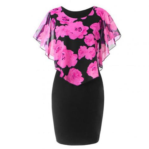 Sonicelife Plus Size Womens Dress Elegant Office Lady Rose Flower Print Cape Bodycon Knee Length Dress