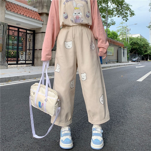 Sonicelife Japanese Kawaii  Soft Girl Cute Bear Printing Women Pants Basis Wild High Waist Loose Trousers Elastic Waist Casual Student Pant