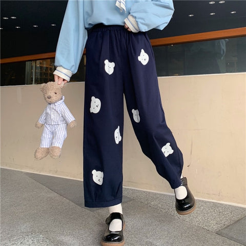Sonicelife Japanese Kawaii  Soft Girl Cute Bear Printing Women Pants Basis Wild High Waist Loose Trousers Elastic Waist Casual Student Pant