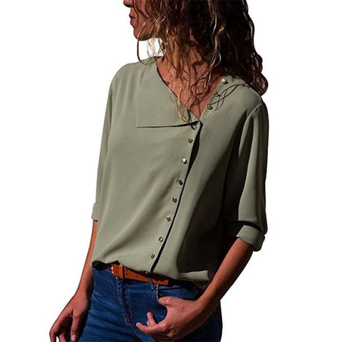 Sonicelife Women Tops And Blouses 2024 Fashion Long Sleeve Skew Collar Chiffon Blouse Casual Tops Plus Size Elegent Work Wear Shirt