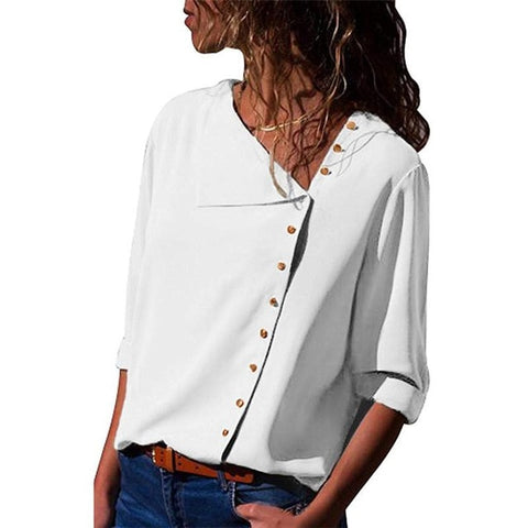 Sonicelife Women Tops And Blouses 2024 Fashion Long Sleeve Skew Collar Chiffon Blouse Casual Tops Plus Size Elegent Work Wear Shirt